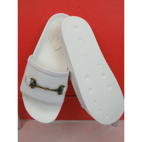 ROBERTO CAVALLI WHITE LEATHER SUEDE ANTIQUE SILVER LOGO SANDALS SLIDES 41.5/8.5